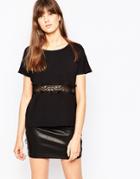 Vero Moda Short Sleeve Top With Lace Panel - Black