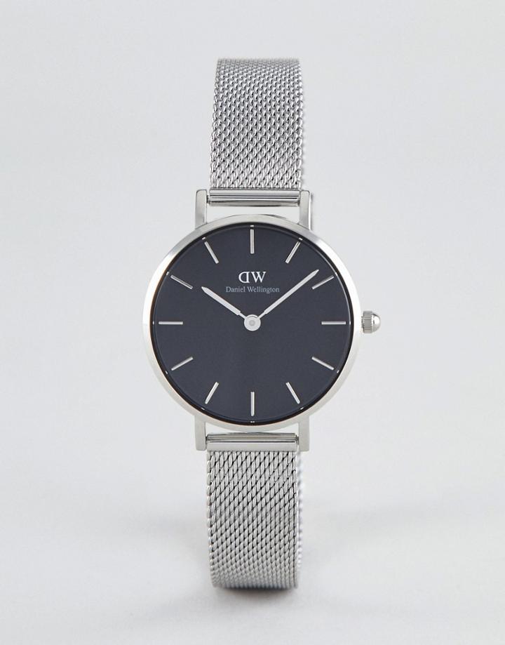 Daniel Wellington Petite Sterling Black Dial Mesh Watch In Silver 28mm - Silver
