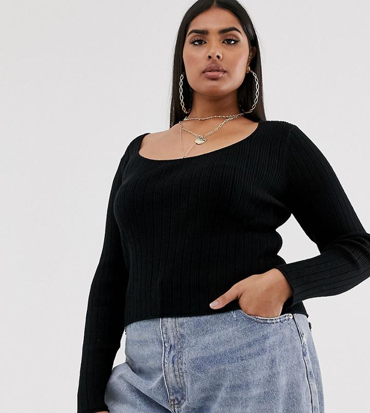 Asos Design Curve Scoop Neck Long Sleeve Sweater In Fine Knit Rib - Black