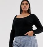 Asos Design Curve Scoop Neck Long Sleeve Sweater In Fine Knit Rib - Black