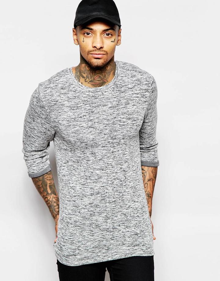 Asos Extreme Muscle 3/4 Sleeve T-shirt With Contrast Cuff And Textured Slub - Gray