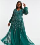 Asos Design Curve Maxi Dress With Blouson Sleeve And Delicate Floral Embellishment-green
