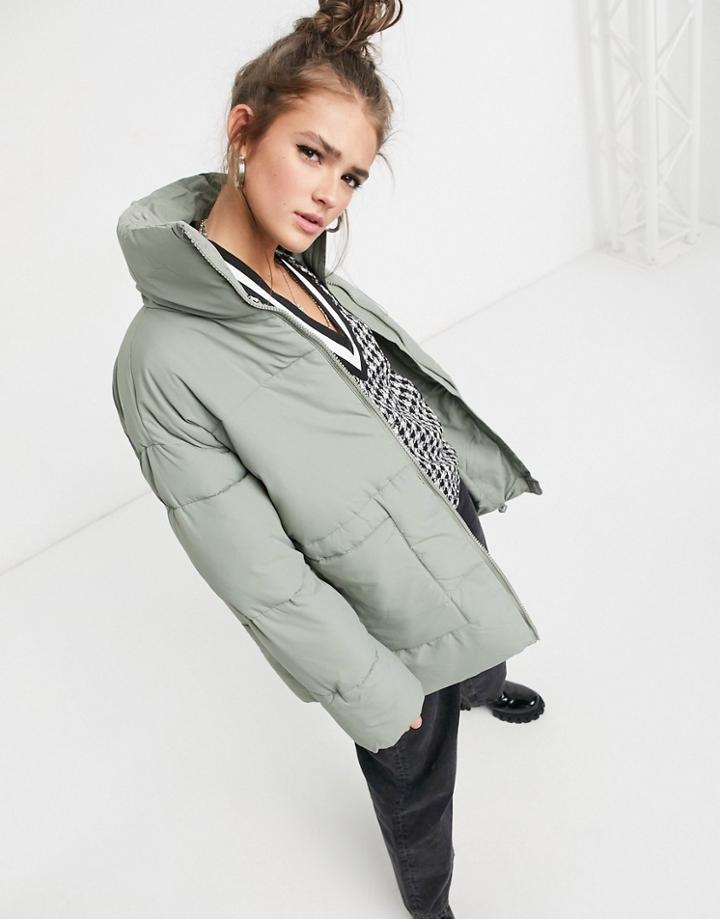 Monki Bea Recycled Mid Length Padded Jacket In Khaki-green