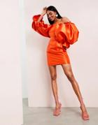 Asos Luxe Belted Drama Sleeve Structured Satin Mini Dress In Hot Orange