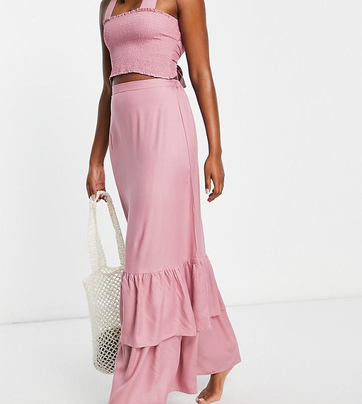 Esmee Exclusive Beach Maxi Skirt With Double Frill Hem In Dusty Rose - Part Of A Set-pink