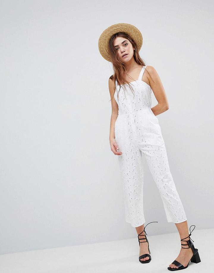 Asos Design Jumpsuit In Broderie-white