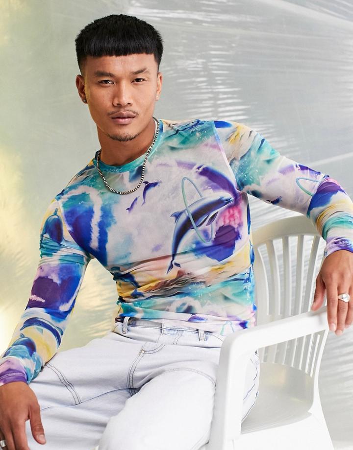 Asos Design Muscle Long Sleeve T-shirt In Printed Mesh-multi