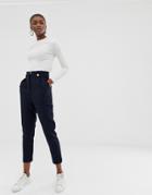 Asos Design Tapered Pants With Pleat And Military Buttons-navy