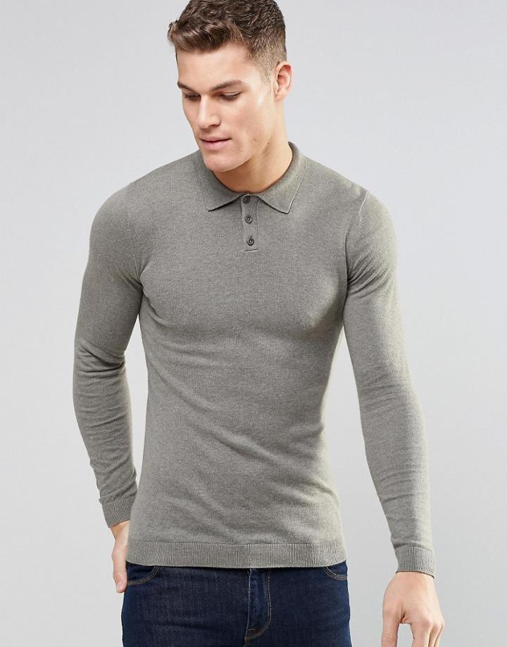 Asos Fitted Fit Knitted Polo In Cotton - Slate Moss H