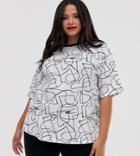 Asos Design Curve Oversized T-shirt In Mono Scribble Print - White
