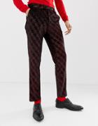 Asos Design Super Skinny Suit Pants In Velvet With Red Glitter Design - Red
