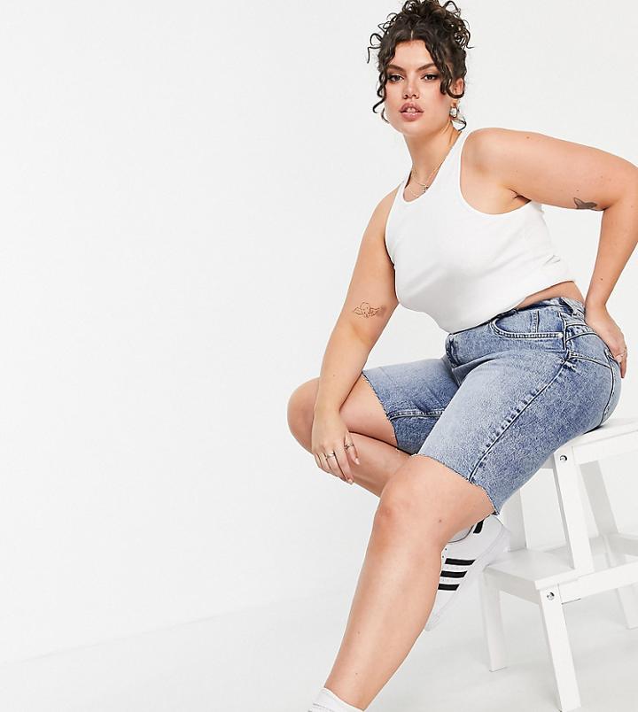 River Island Plus Booty Sculpt Denim Shorts In Medium Blue-blues
