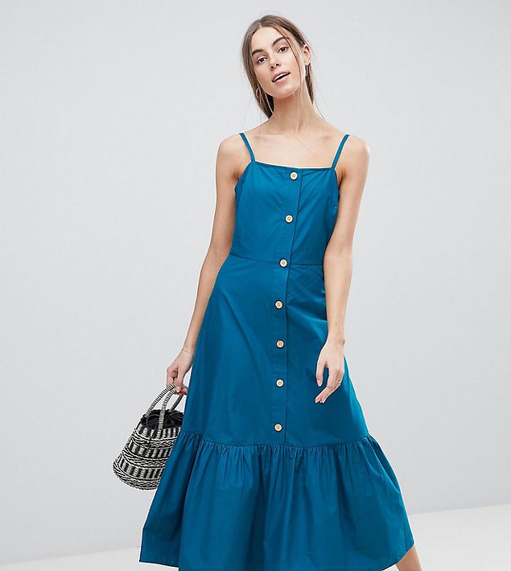 Asos Design Tall Midi Button Through Sundress With Pep Hem - Green
