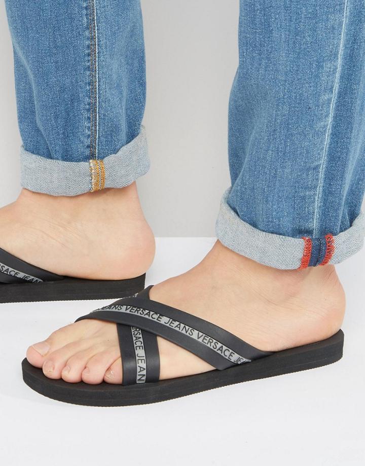 Versace Jeans Logo Crossover Flip Flop In Black - Black
