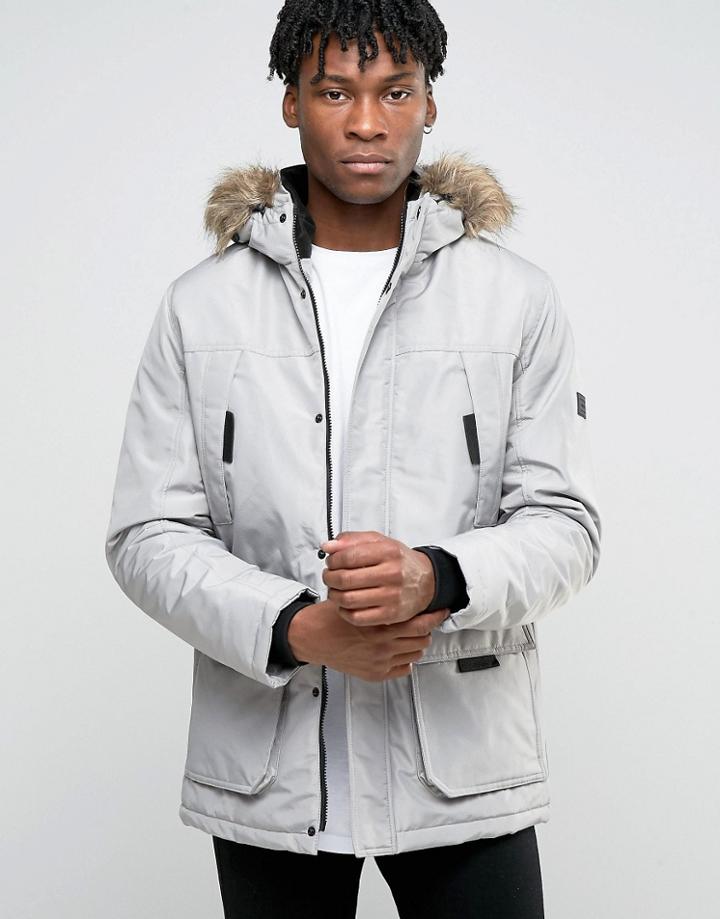 Jack & Jones Parka With Faux Fur Hood - Gray