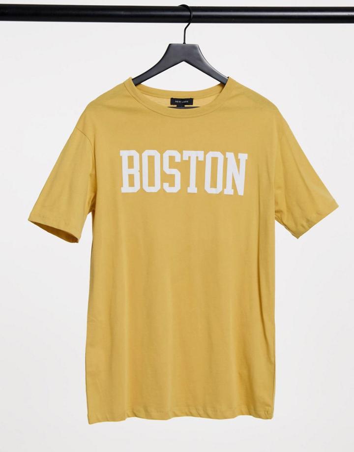 New Look Boston Varsity Slogan Oversized T-shirt In Mustard-yellow