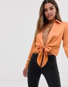 Asos Design Long Sleeve Tie Front Deep Plunge Shirt-tan