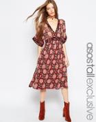 Asos Tall Folk And Floral Mix Midi Dress - Multi