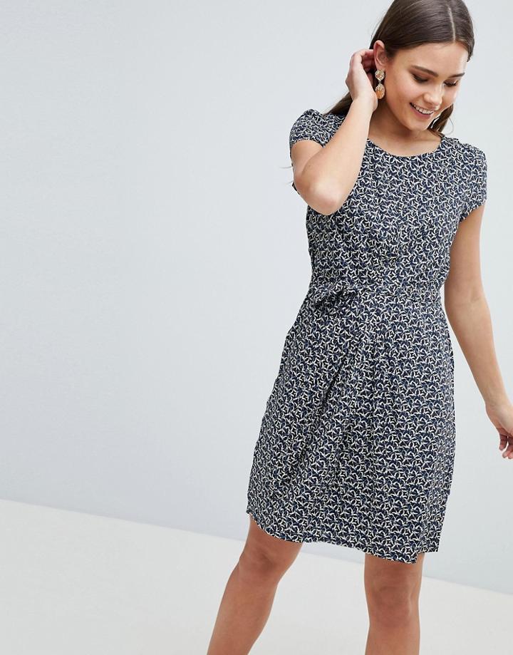 Yumi Crane Print Dress With Tie Belt Detail - Navy