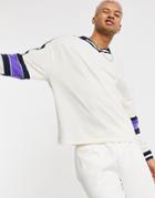 Asos Design Oversized Long Sleeve Polo Shirt In Off White Pique With Stripe