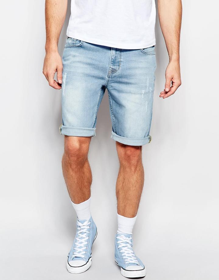 Hoxton Denim Mid Wash Denim Short Slim Repeat - Blue