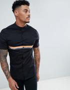 Asos Design Skinny Granddad Collar Shirt With Taping In Black - Black