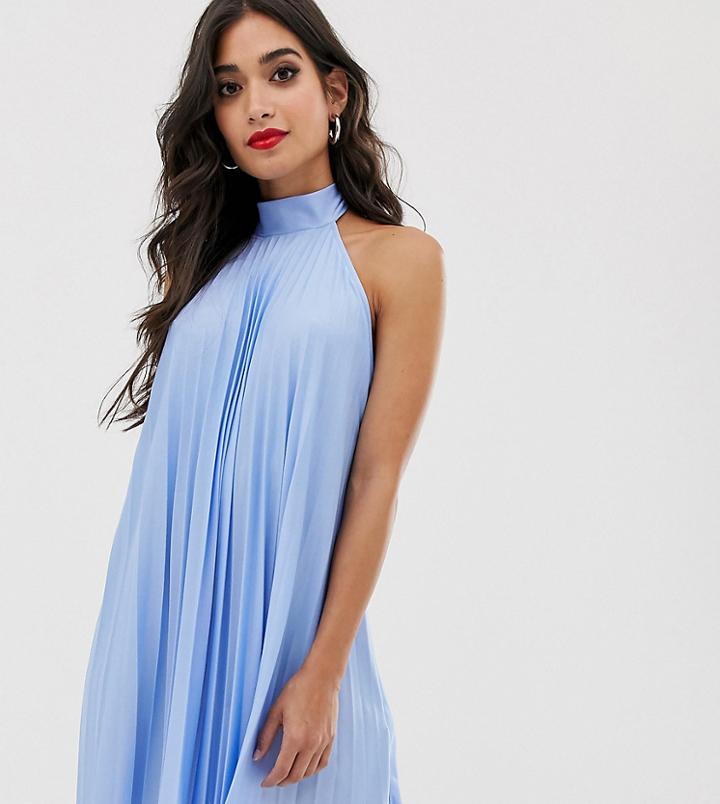 Asos Design Petite Backless Halter Pleated Mini Dress-blue