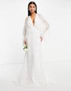 Asos Edition Aria Kimono Sleeve Wedding Dress With Floral Embellishment-white