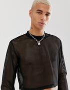 Asos Design Relaxed Cropped Long Sleeve T-shirt In Black Mesh - Black