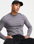 Asos Design Long Sleeve T-shirt With Crew Neck In Grey-black