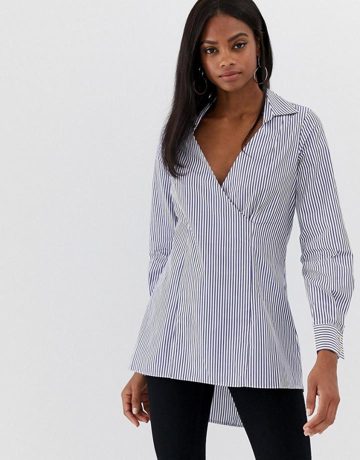 Closet Stripe Cross Over Blouse-blue