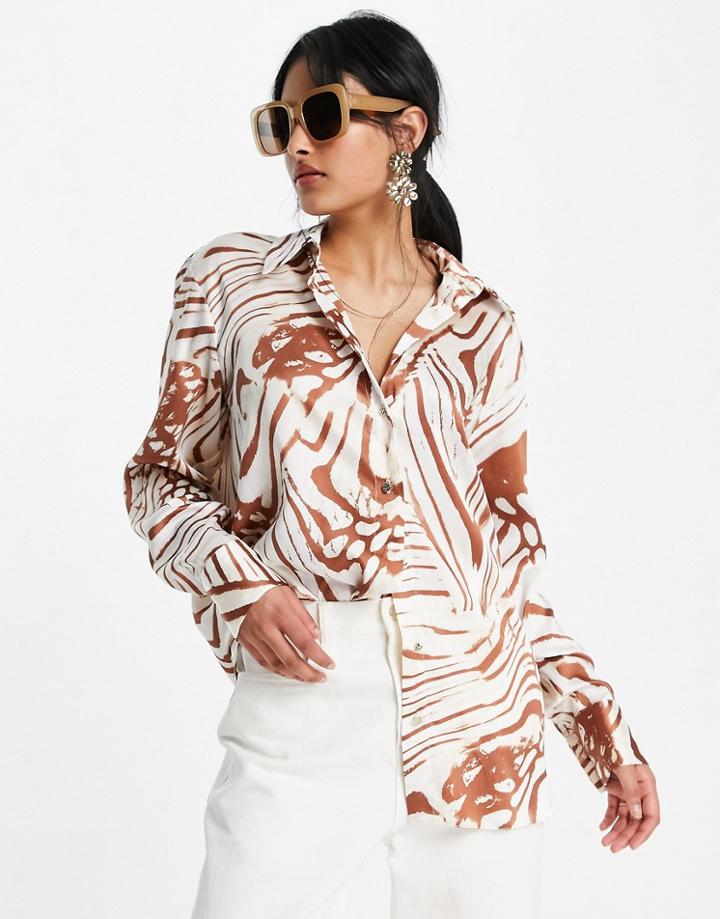 River Island Animal Print Boyfriend Satin Shirt In Brown