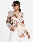 River Island Animal Print Boyfriend Satin Shirt In Brown