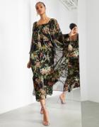 Asos Edition Oversized Maxi Dress With Square Neck In Woodland Print-multi