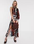 Liquorish Satin Midaxi Dress With One Shoulder In Abstract Print-multi