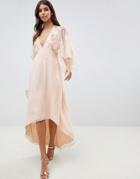 Asos Design Feather Embellished Cape Maxi Dress - Pink