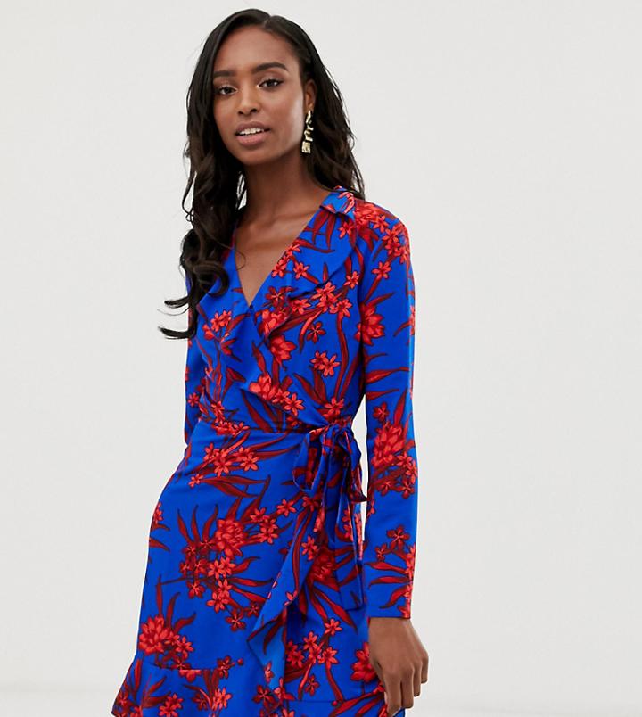John Zack Tall Ruffle Wrap Front Tea Dress In Red Floral Print - Multi