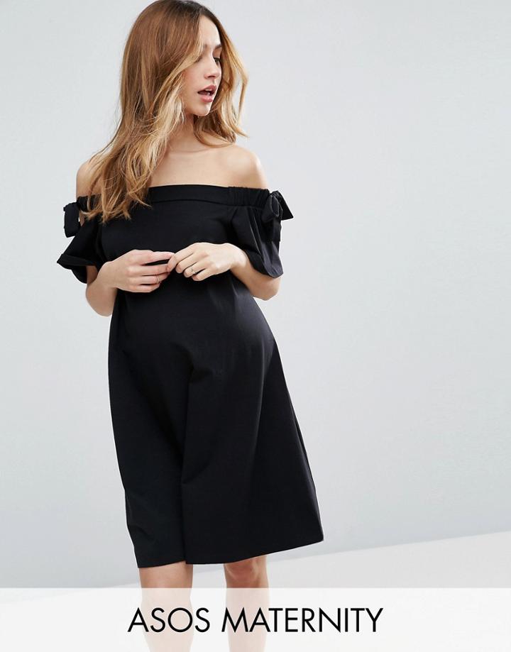 Asos Maternity Off Shoulder Dress With Tie Sleeve Detail - Black