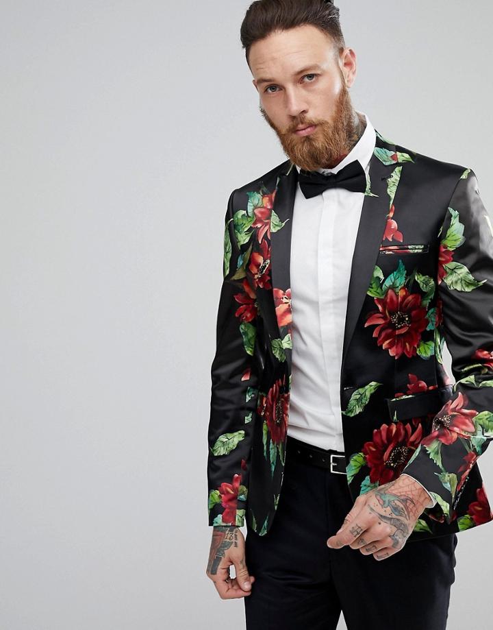 Asos Super Skinny Blazer In Bold Floral Print - Black