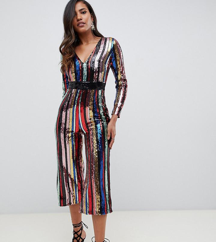 Starlet Plunge Front Culotte Jumpsuit In Rainbow Stripe - Multi