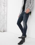 Asos Design Super Skinny Jeans 'honestly Worn' In Vintage Dark Wash With Abrasions-blue