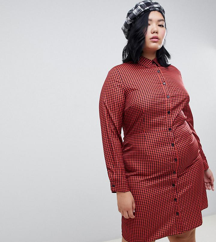 Glamorous Curve Skater Shirt Dress In Houndstooth