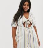 Influence Plus Tie Front Romper In Natural Stripe - White