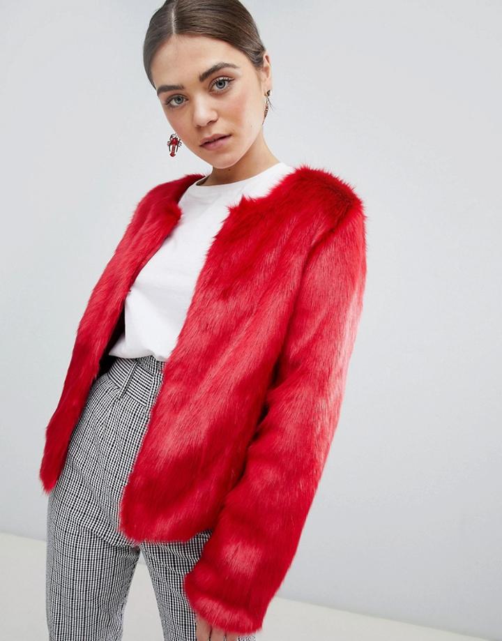 Unreal Fur Dream Faux Fur Collarless Jacket In Red