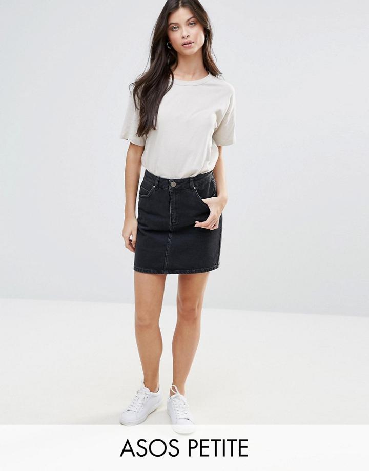 Asos Petite Denim Original High Waisted Skirt In Washed Black - Black