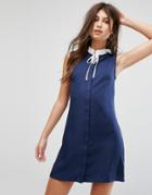 Fashion Union Sleeveless Shift Dress With Ribbon Tie Pleated Collar - Navy