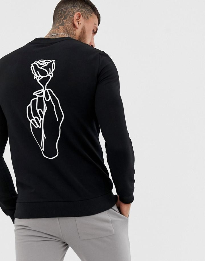Asos Design Muscle Sweatshirt With Hand And Rose Back Print In Black - Black