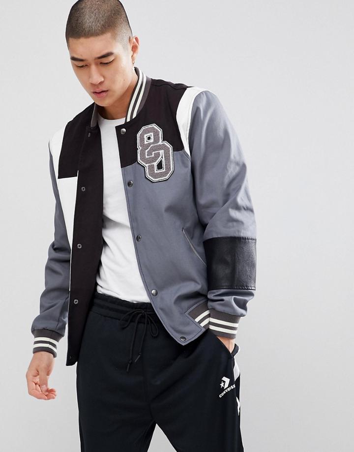 Asos Design Varsity Bomber Jacket In Color Block Gray - Gray
