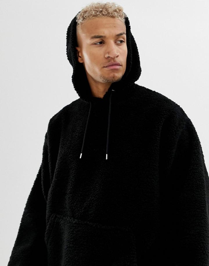 Asos Design Oversized Hoodie In Borg Black - Black