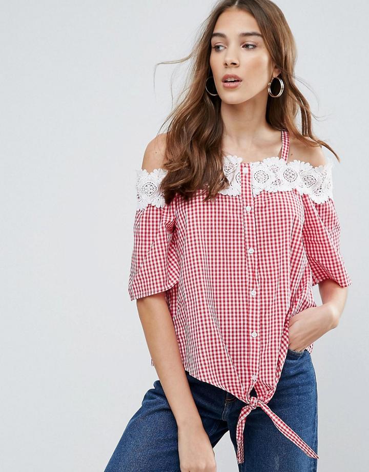 Qed London Cold Shoulder Lace Trim Gingham Tie Front Top - Red